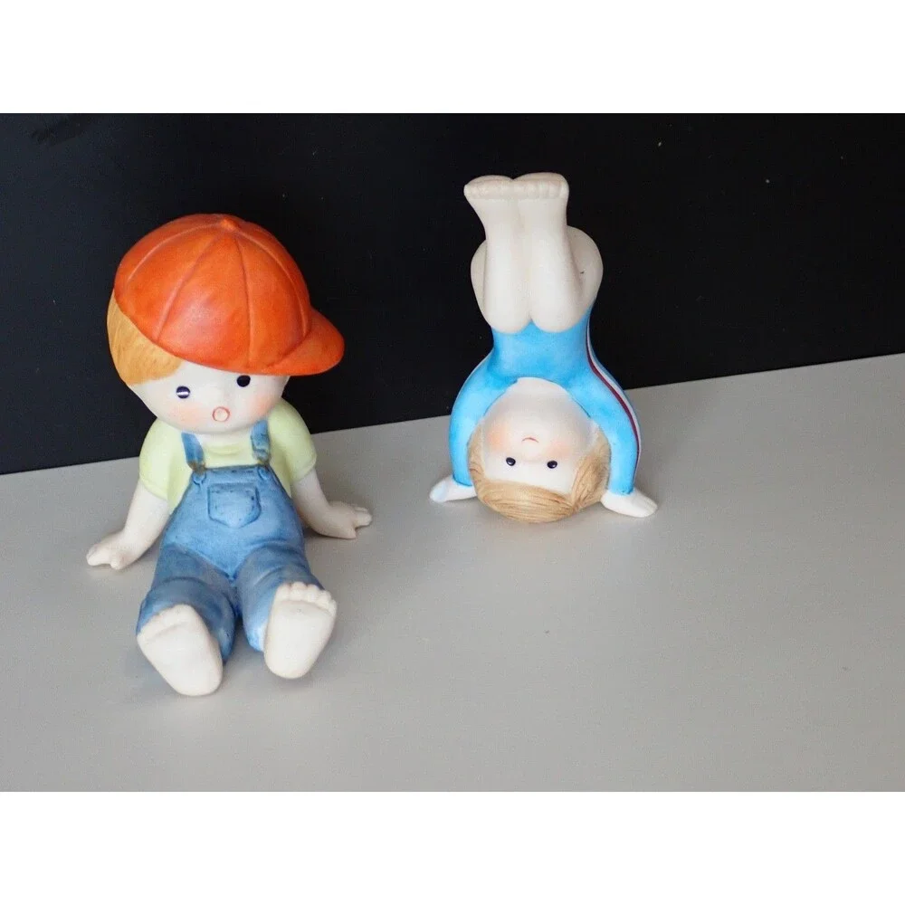 ENESCO Boy & Girl Playing Porcelain Figurine Bisque Set of 2 Vintage 1981 & 1983